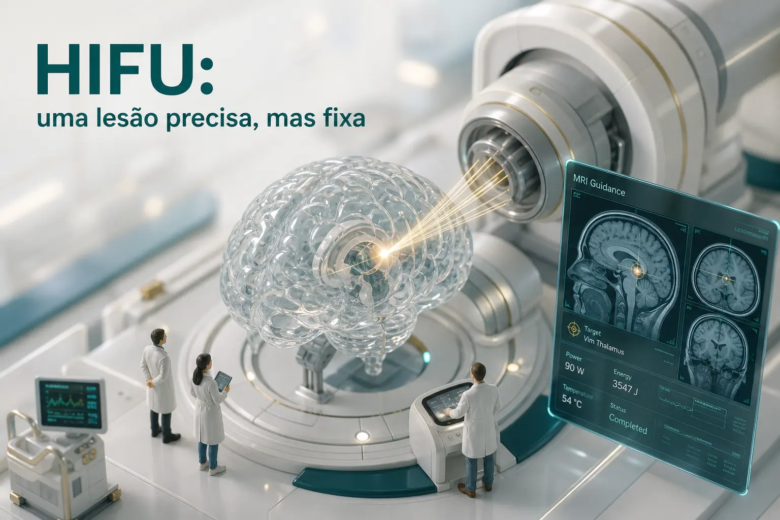 Diorama médico mostrando o ultrassom focalizado chegando ao tálamo como um feixe preciso