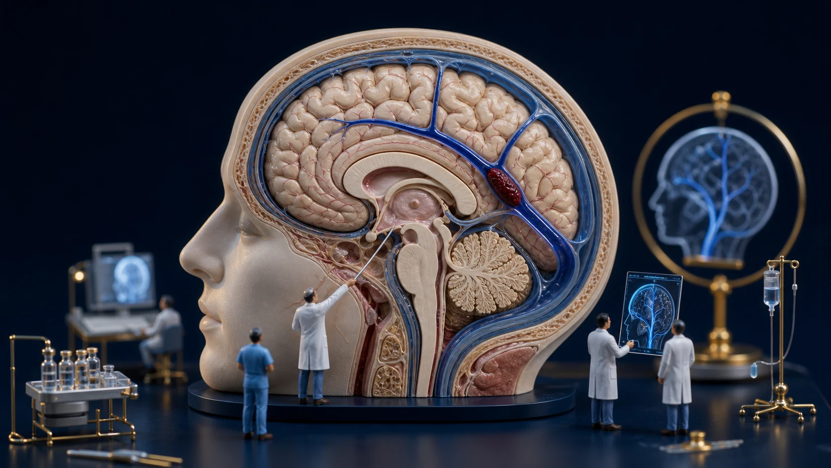 Diorama médico mostrando trombose venosa cerebral e decisão terapêutica