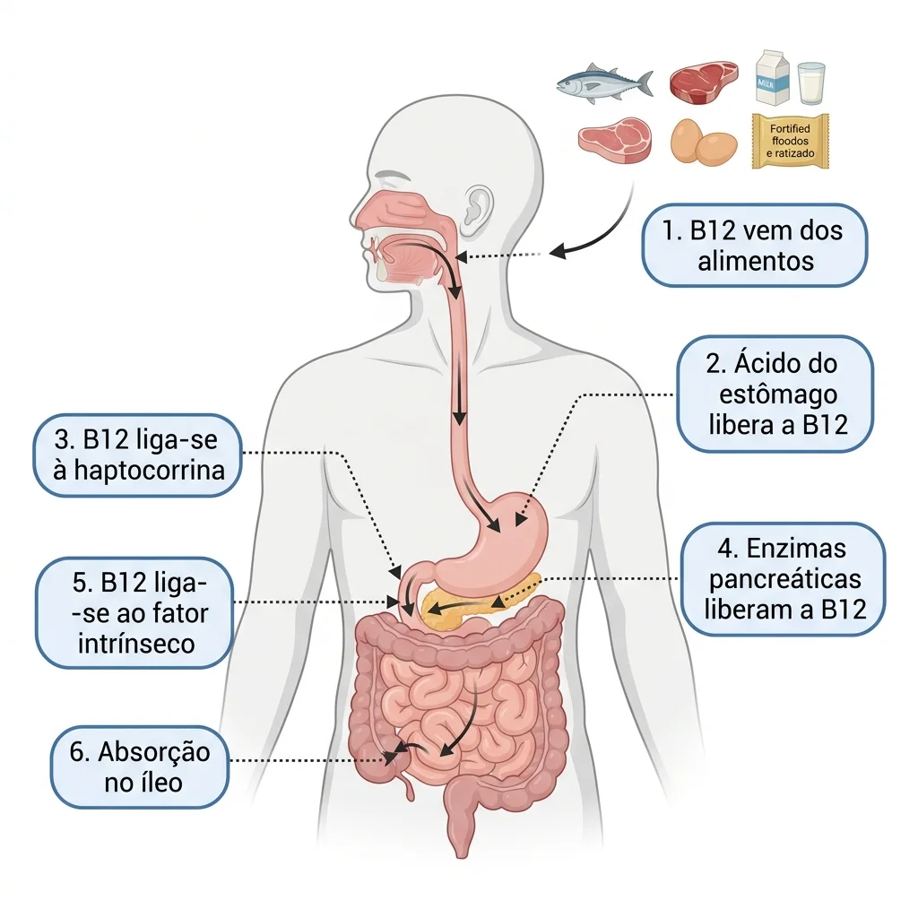 Esquema anatômico da absorção da vitamina B12 do alimento até o íleo, inspirado em figura científica