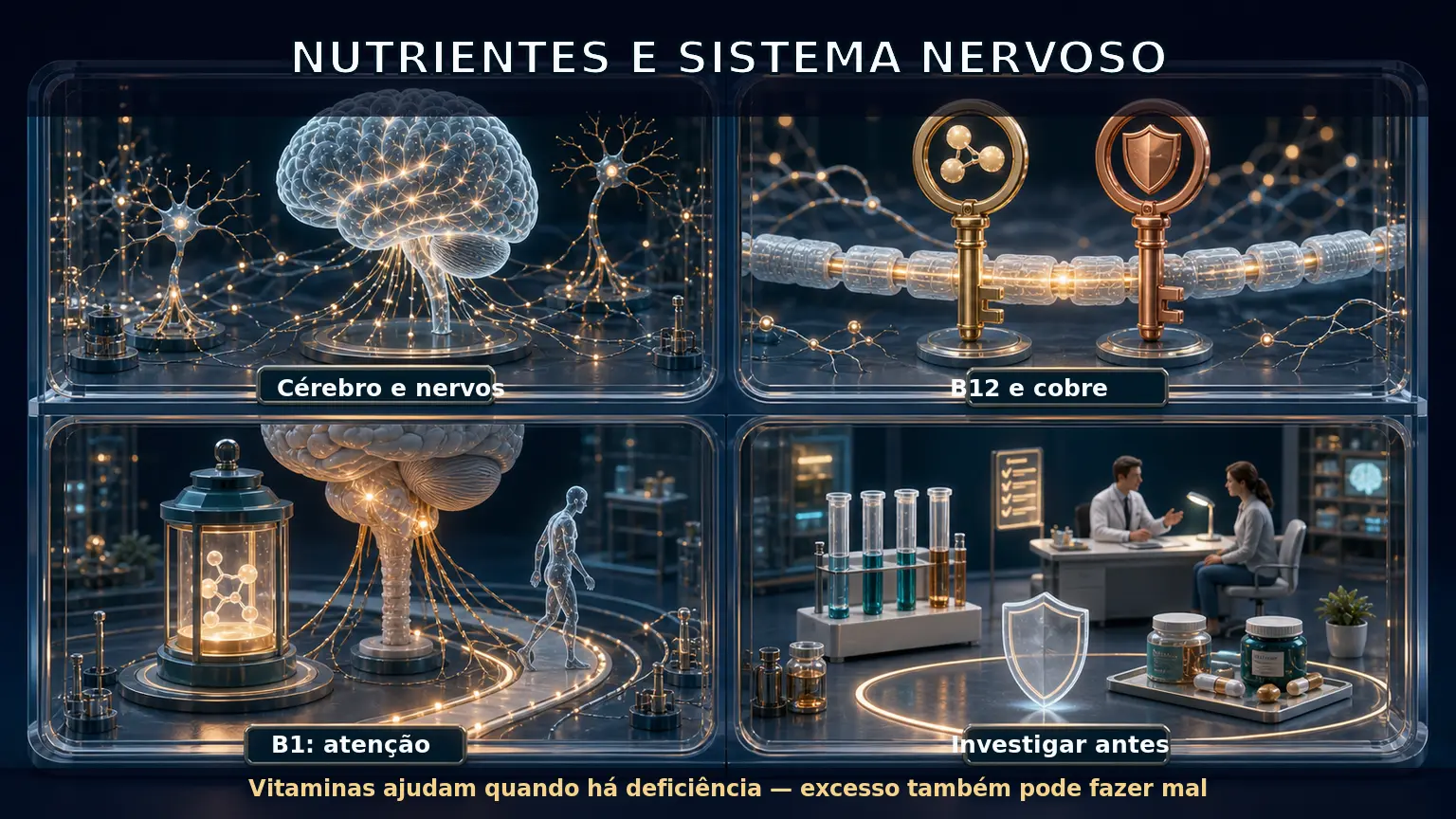 Diorama médico em quatro cenas mostrando cérebro, nervos, vitaminas e investigação segura de deficiências nutricionais