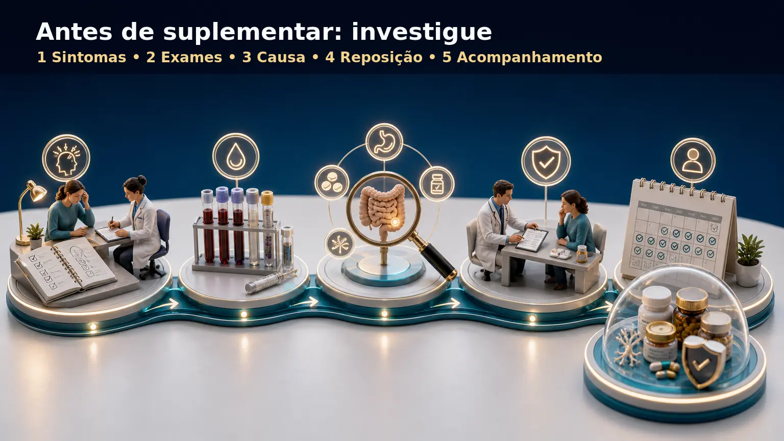 Fluxo visual em diorama mostrando caminho seguro: sintomas, exames, causa, reposição e acompanhamento médico