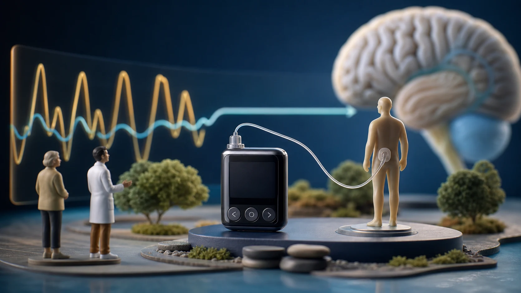 Diorama médico mostrando a bomba de infusão contínua como um centro de controle da levodopa em um paciente com Parkinson avançado