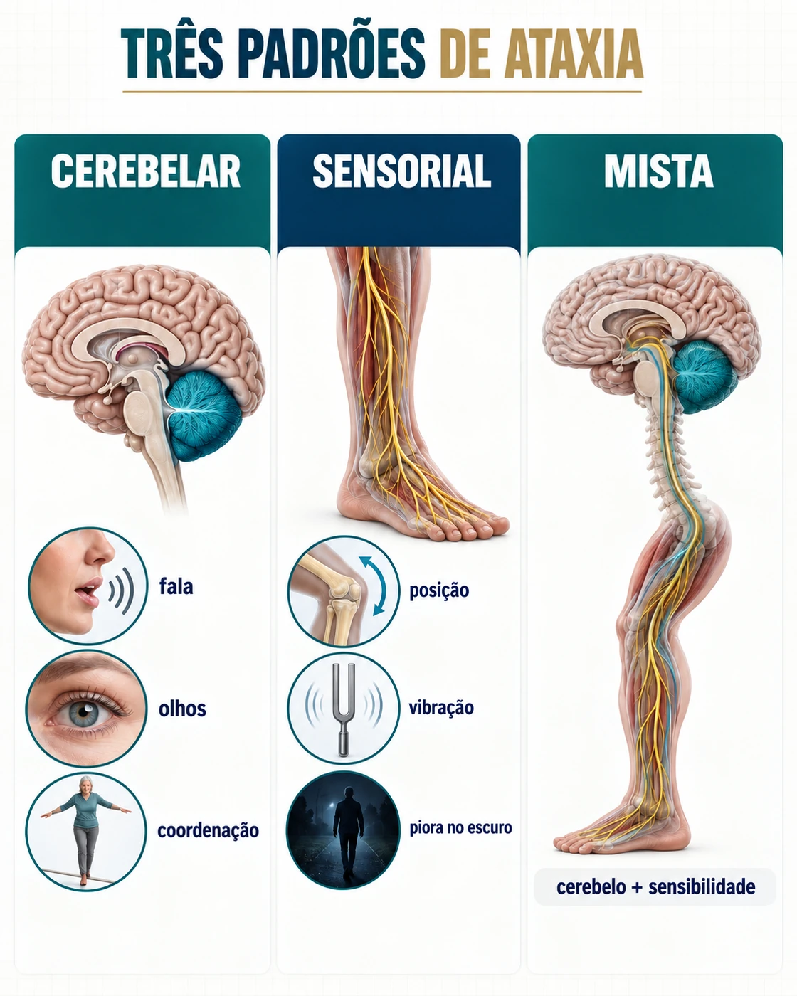 Três mecanismos de ataxia mitocondrial: cerebelar, sensorial e mista