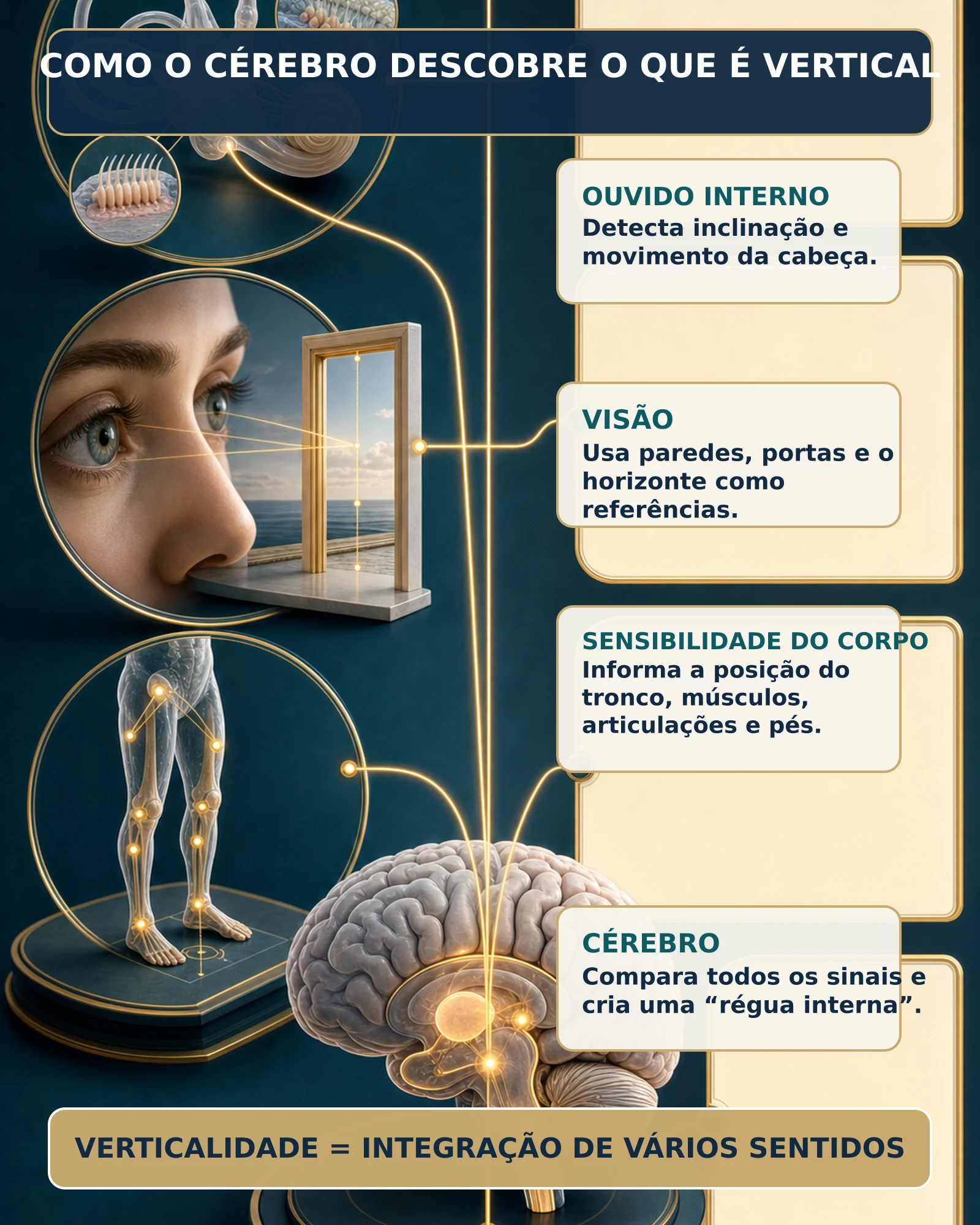 Infográfico mostrando como ouvido interno, visão, sensibilidade corporal e cérebro trabalham juntos para calcular a direção da gravidade