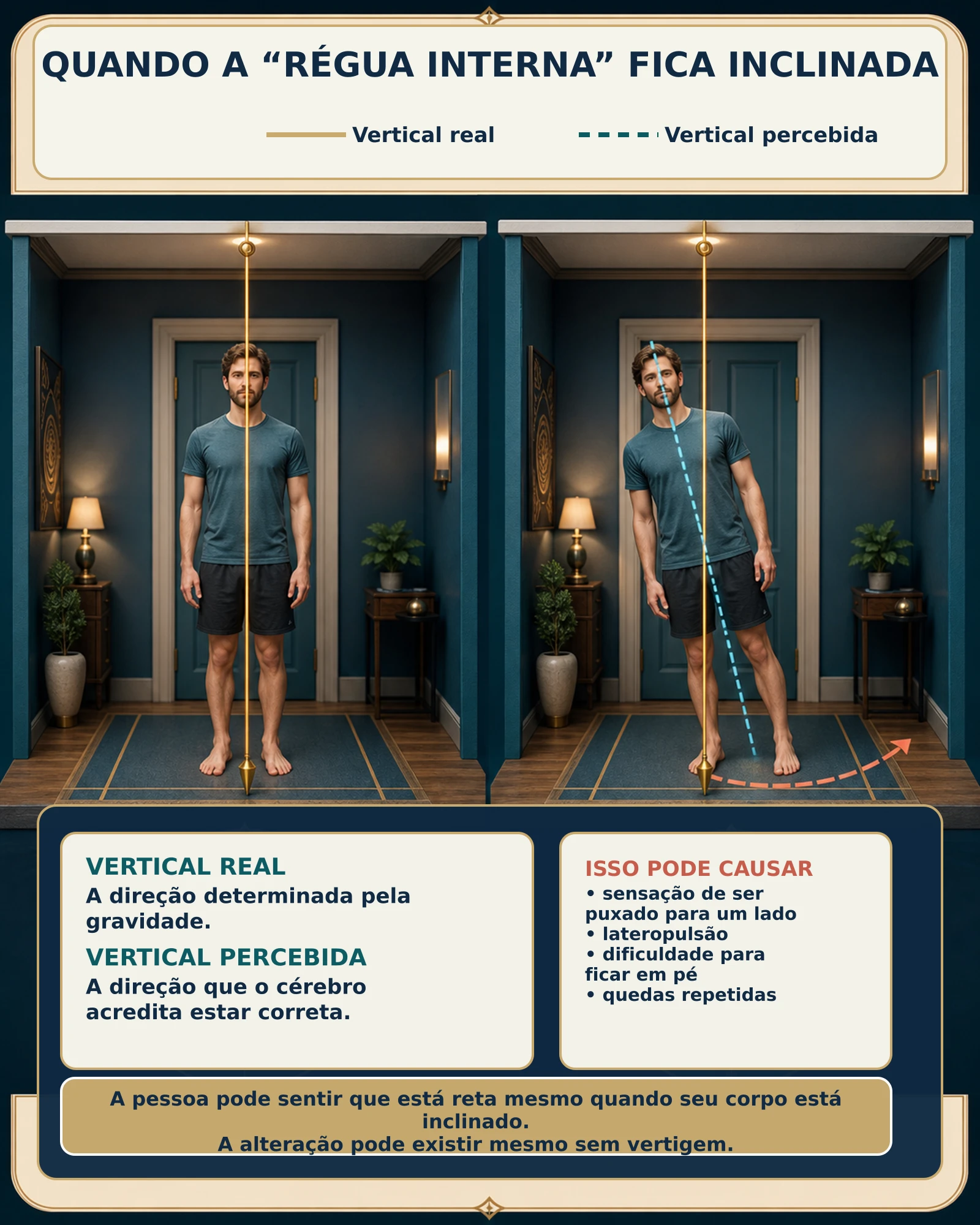 Infográfico comparando a vertical real com a vertical percebida e mostrando como a pessoa pode sentir-se reta apesar de estar inclinada