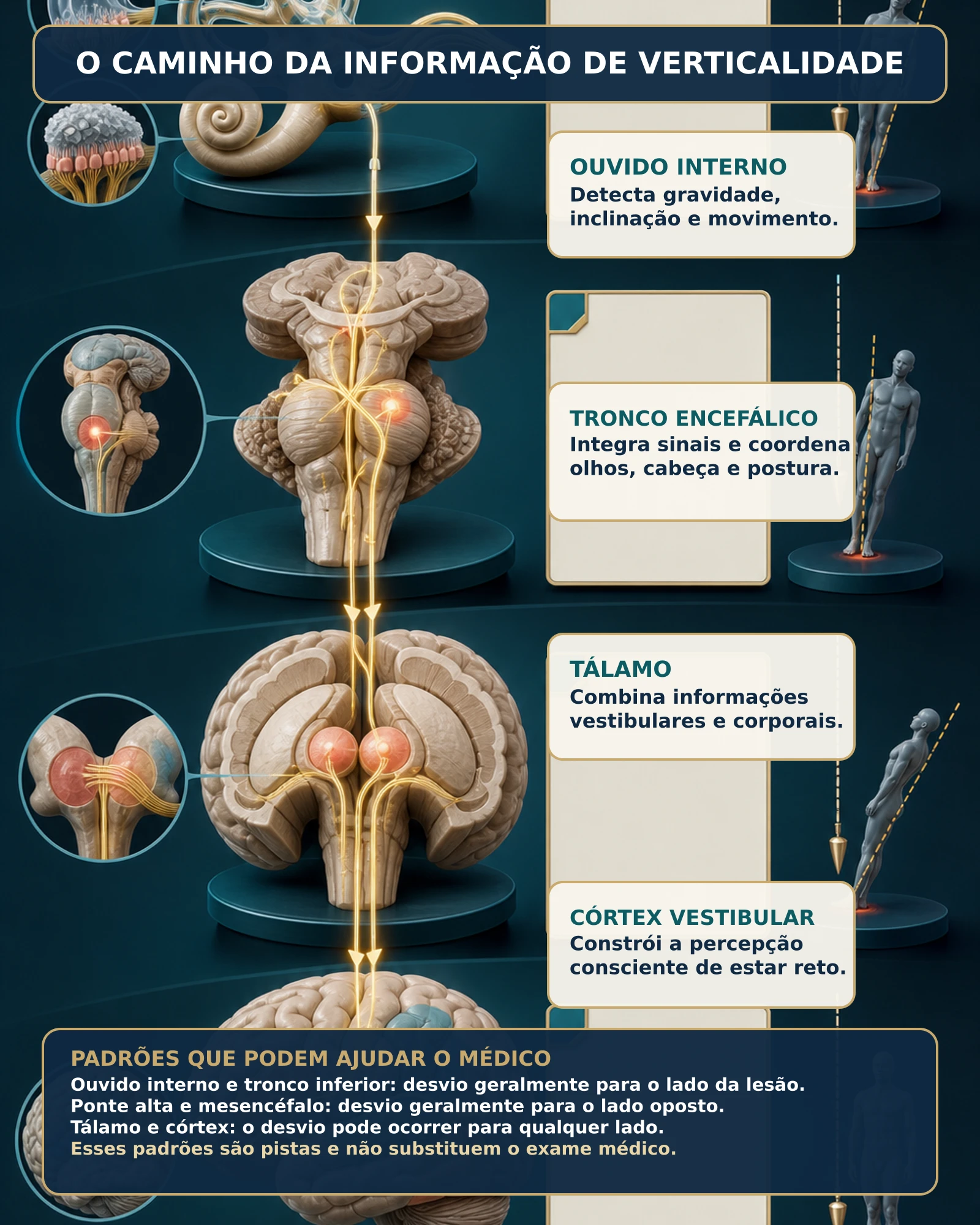 Infográfico mostrando o trajeto da informação de verticalidade do ouvido interno ao tronco encefálico, tálamo e córtex vestibular