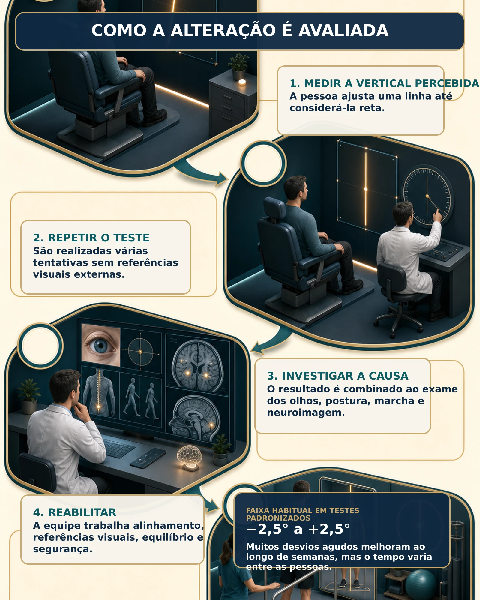 Infográfico mostrando as etapas da avaliação da vertical visual, a investigação da causa e os princípios da reabilitação