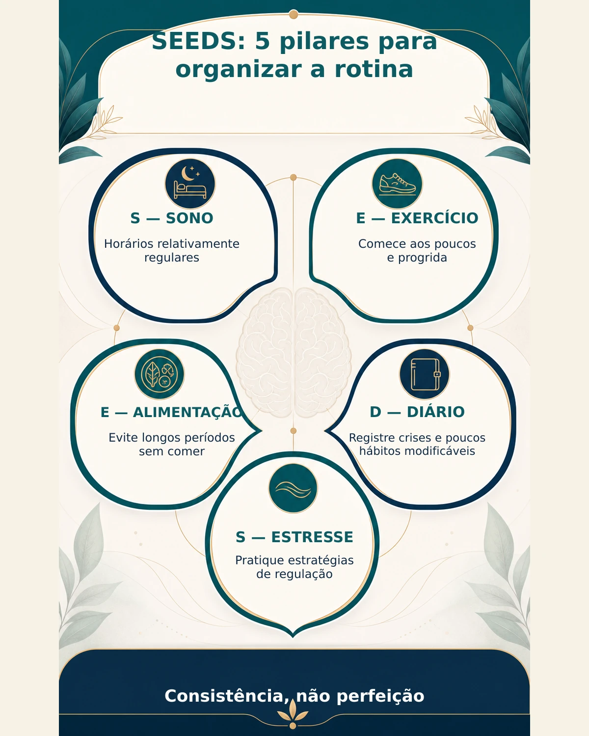 Infográfico do método SEEDS com cinco pilares para organizar a rotina na enxaqueca