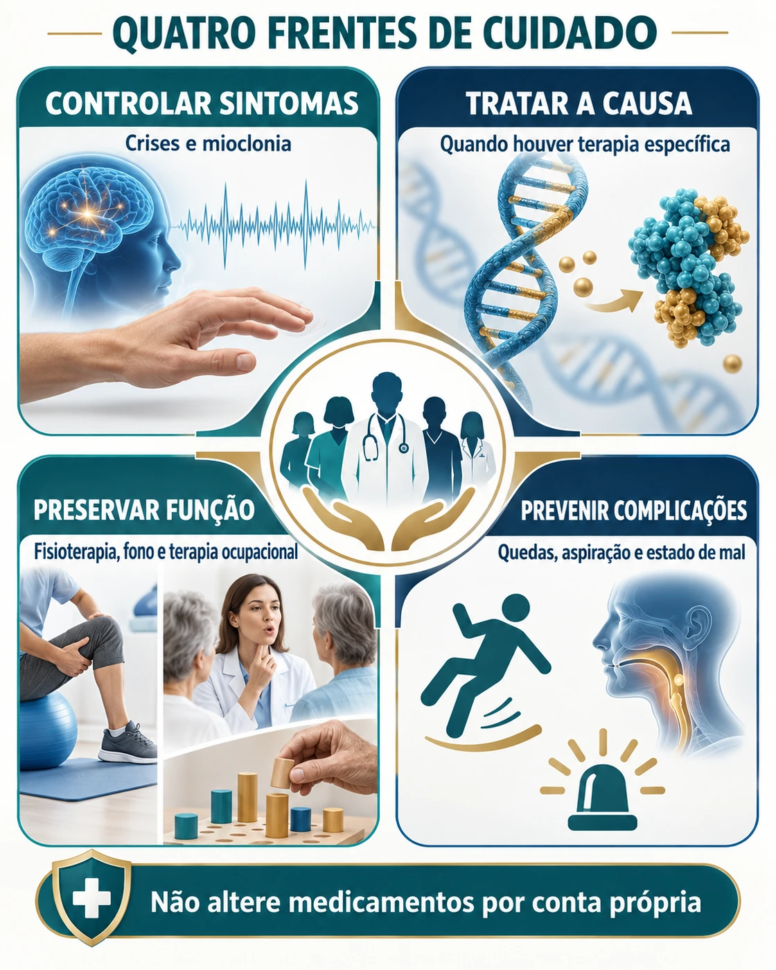 Quatro frentes de cuidado: controlar sintomas, tratar a causa, preservar função e prevenir complicações