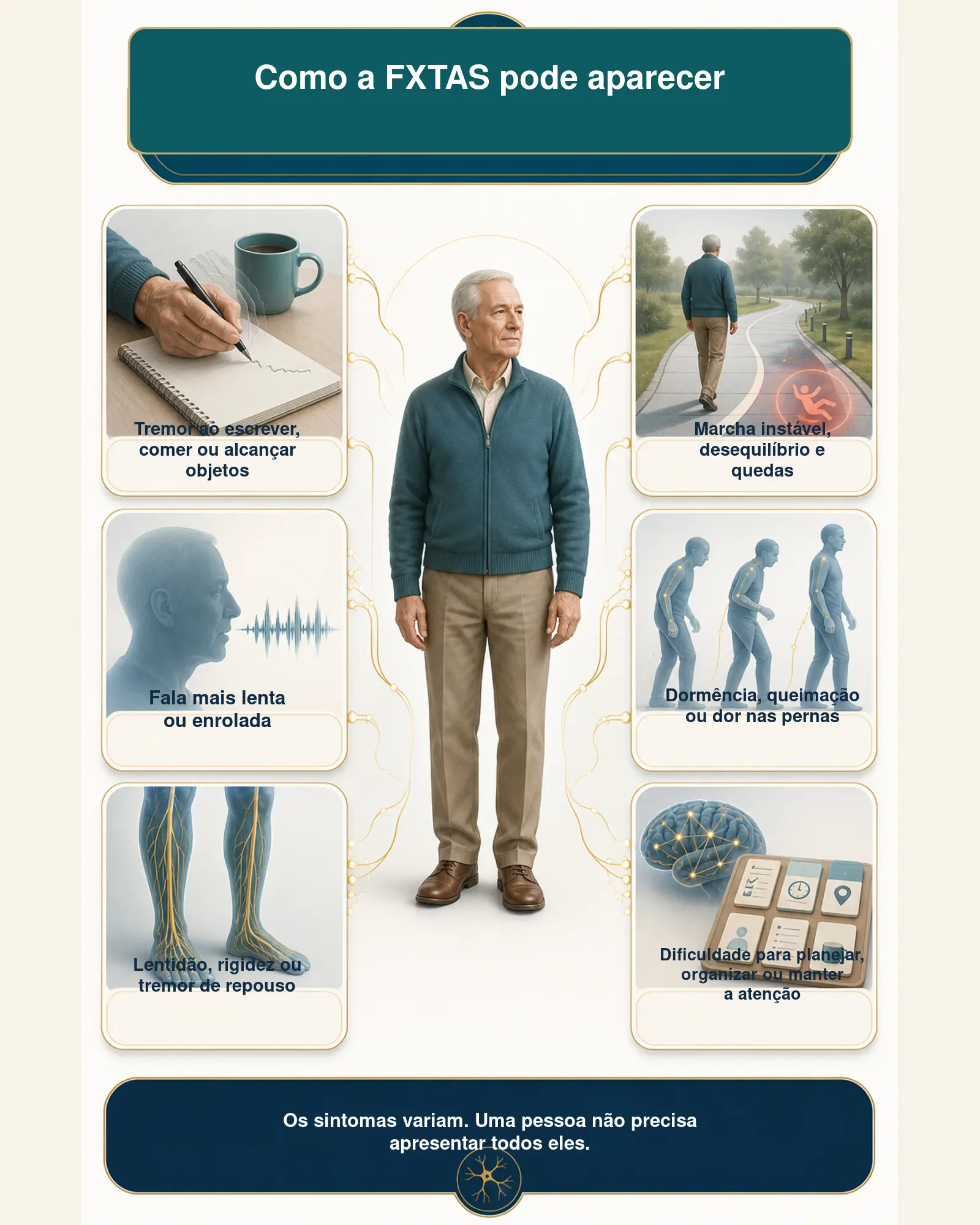 Infográfico sobre os principais sintomas da FXTAS