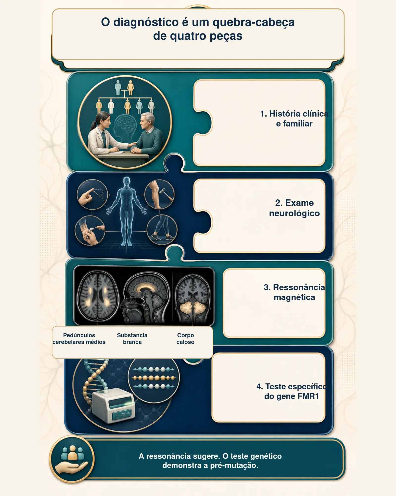 Infográfico com as quatro etapas do diagnóstico da FXTAS