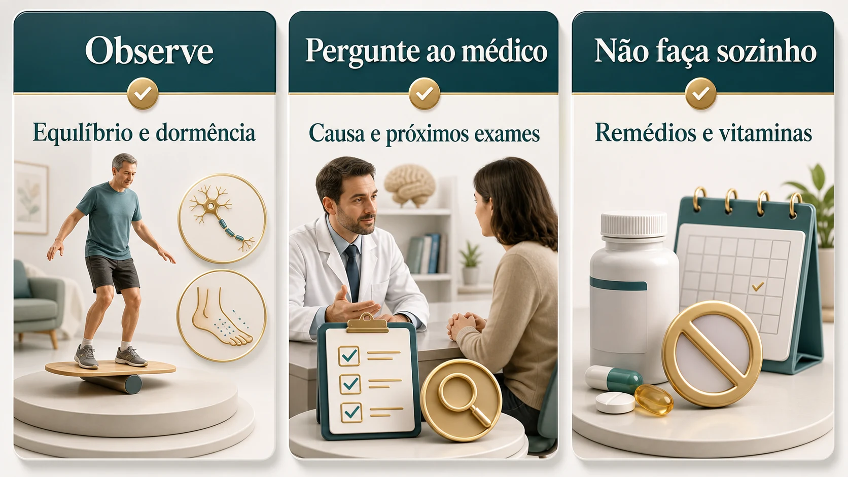 Checklist visual para pacientes com ganglionopatia sensitiva: observe sintomas, pergunte ao médico e não faça mudanças de remédios ou vitaminas sozinho.