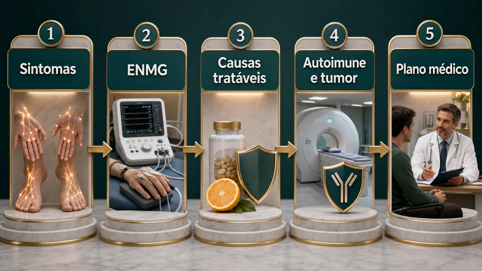 Fluxo visual em cinco etapas mostrando sintomas, eletroneuromiografia, causas tratáveis, investigação autoimune e oncológica e plano médico.