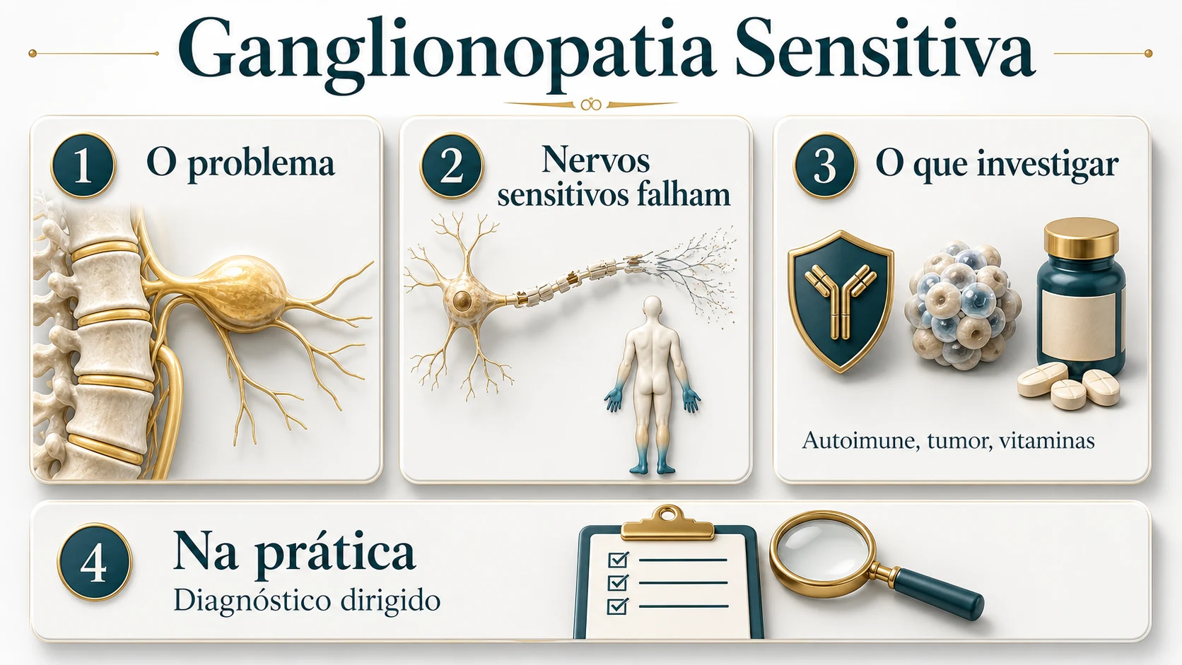 Infográfico em estilo diorama explicando ganglionopatia sensitiva em três etapas: o problema, falha dos nervos sensitivos e investigação dirigida.