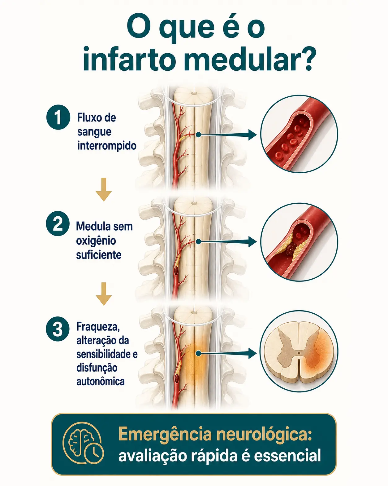 Infográfico explicando como a interrupção do fluxo sanguíneo pode provocar um infarto da medula espinhal