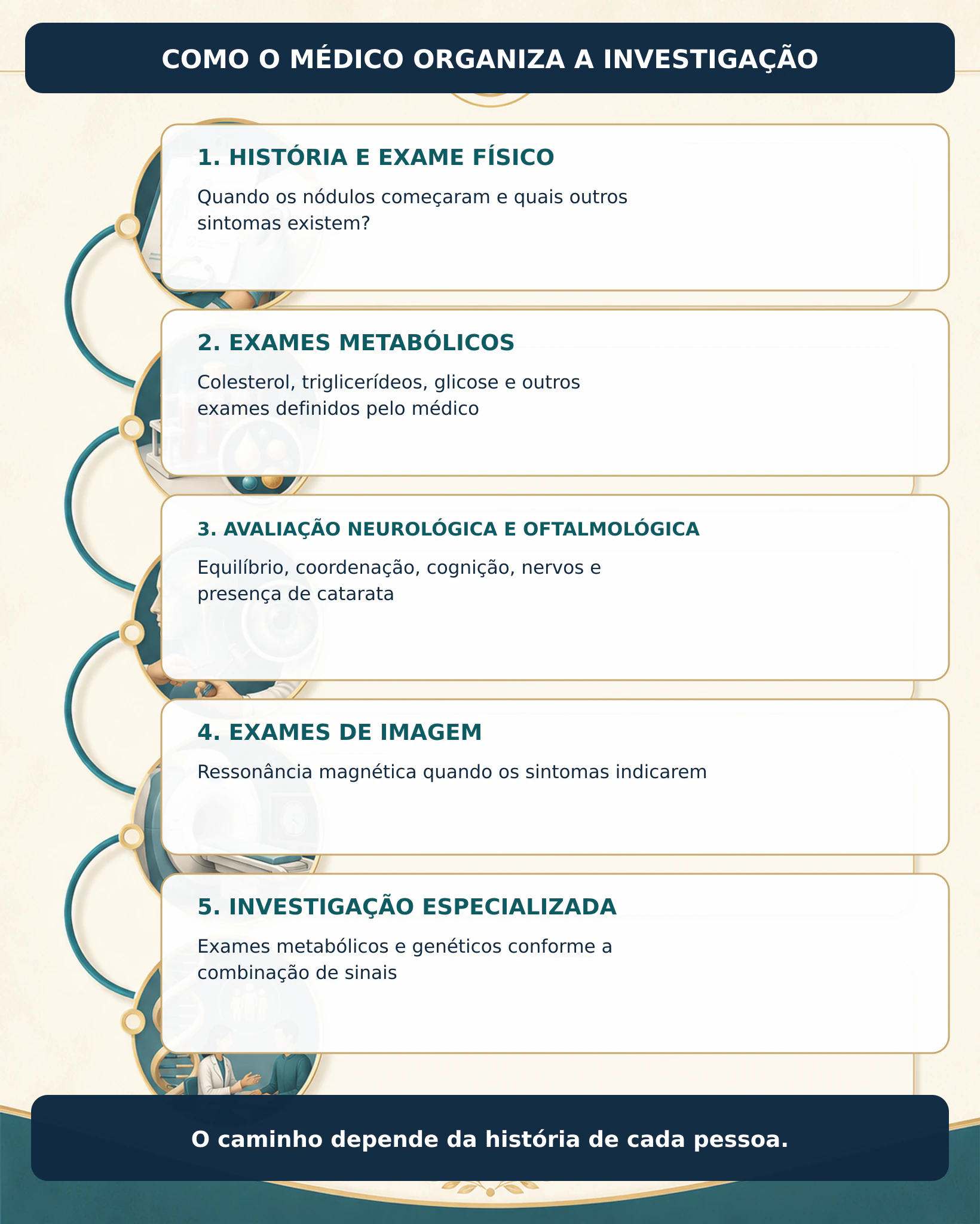 Infográfico em etapas mostrando como a investigação de xantomas pode ser organizada