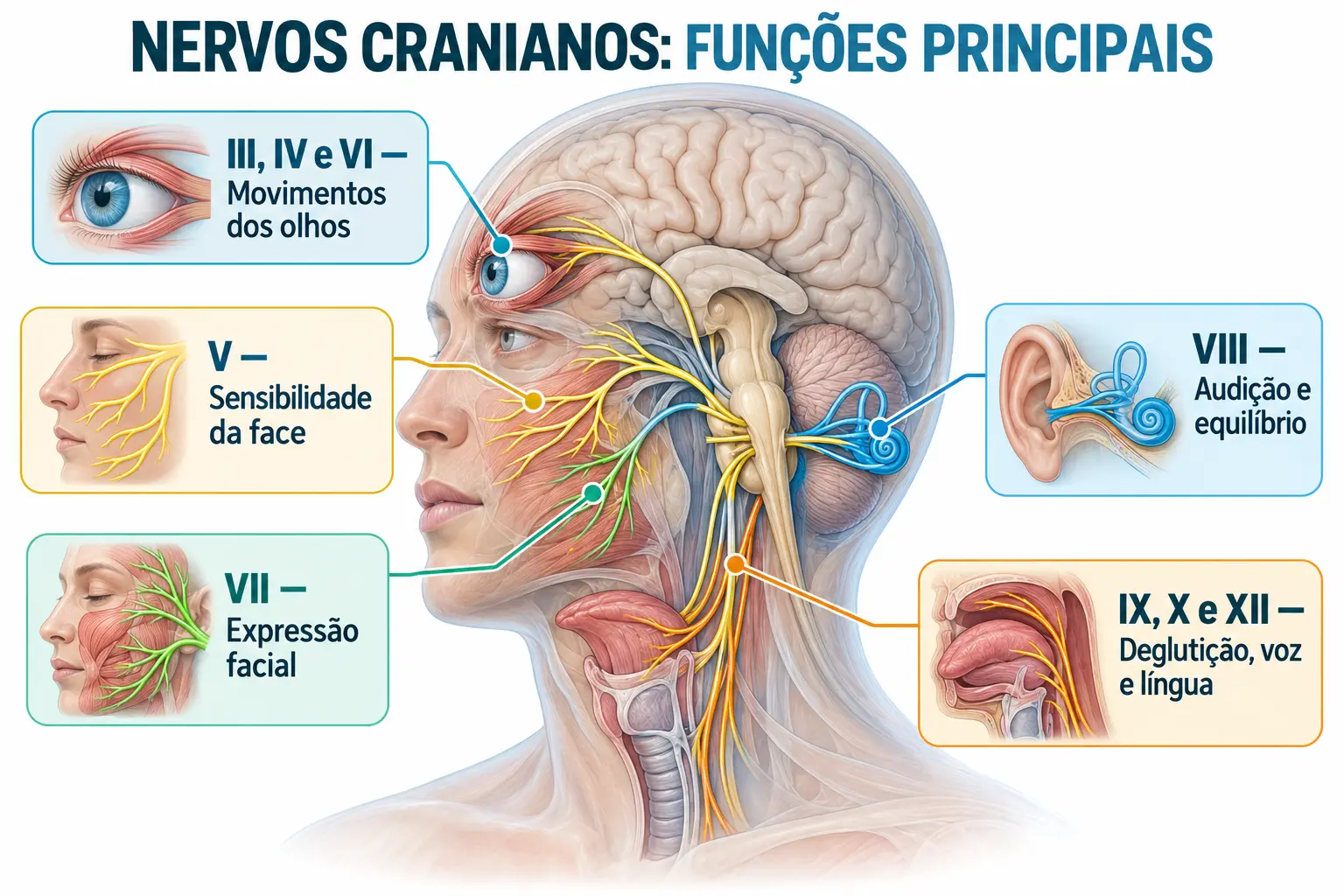 Infográfico das funções principais dos nervos cranianos III, IV, V, VI, VII, VIII, IX, X e XII
