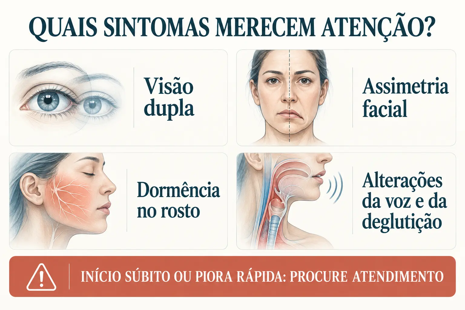 Infográfico com visão dupla, assimetria facial, dormência no rosto e alterações da voz e da deglutição