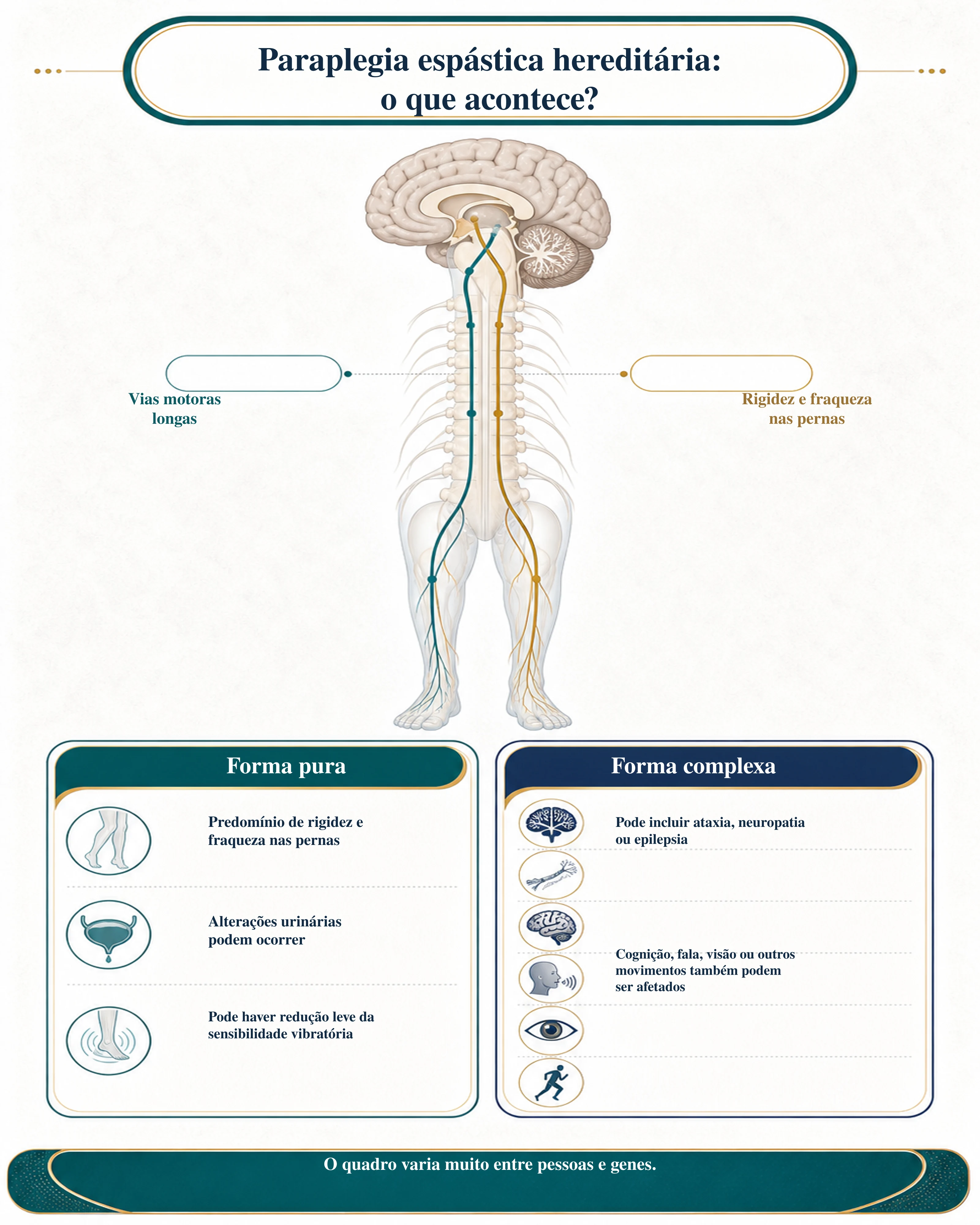 Infográfico explicando as vias motoras e a diferença entre formas puras e complexas da paraplegia espástica hereditária