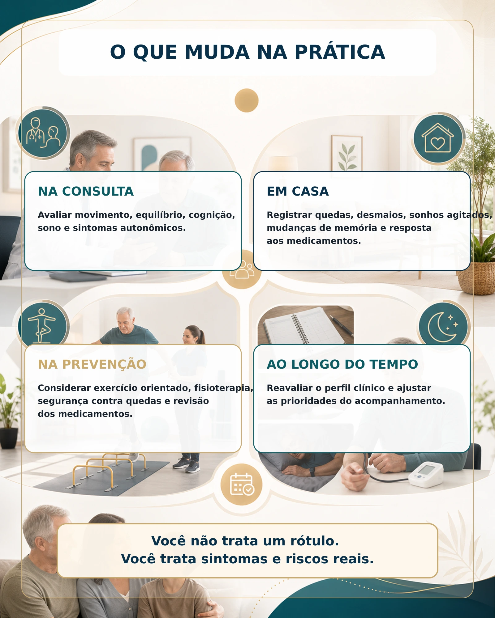Infográfico com ações práticas para o acompanhamento personalizado da doença de Parkinson