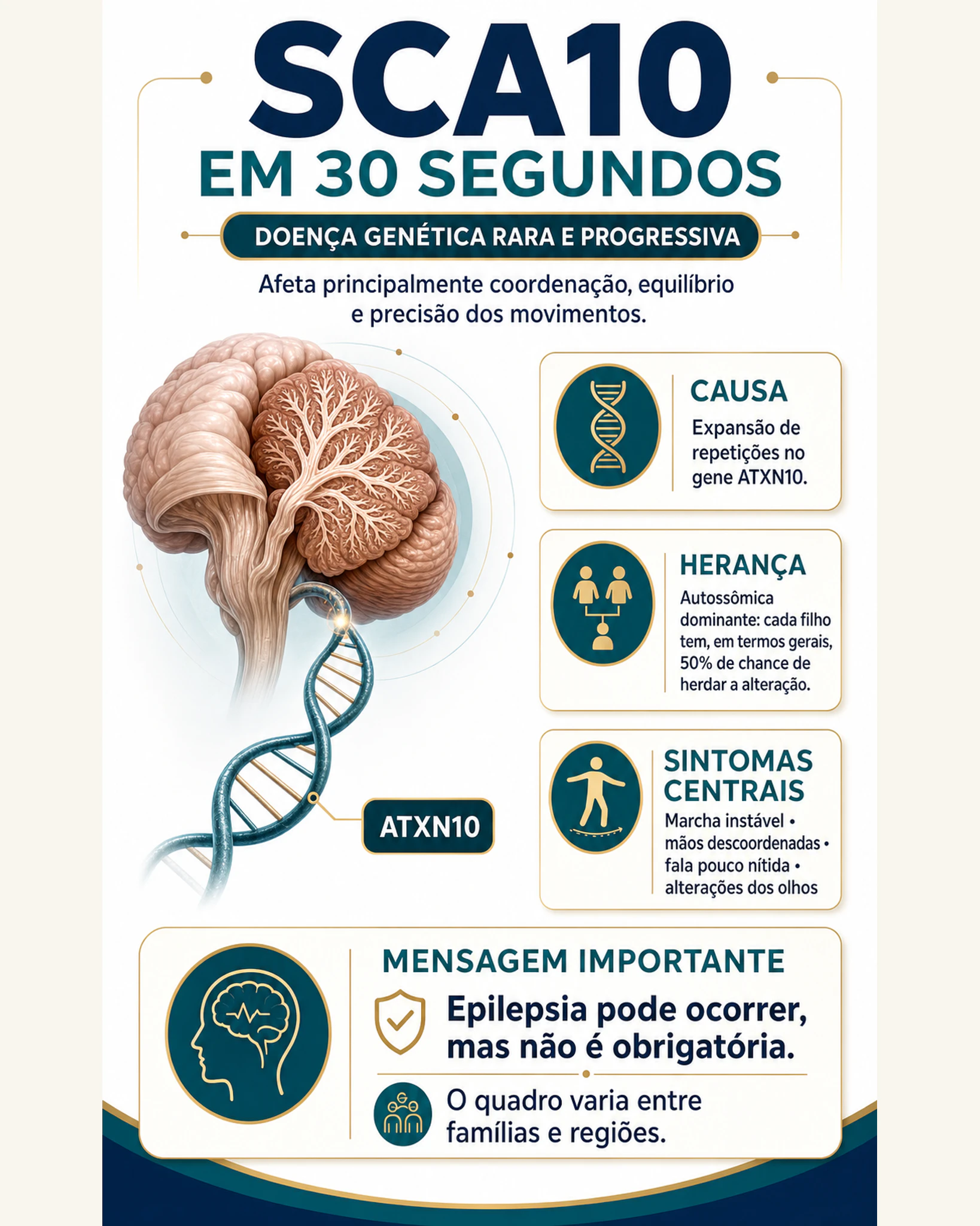 Resumo visual da SCA10 com causa genética, herança, sintomas centrais e relação variável com epilepsia