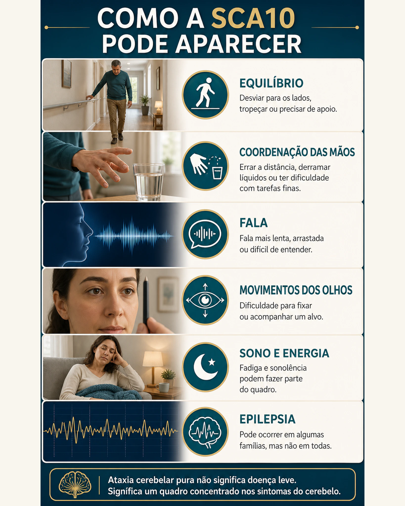 Infográfico mostrando como a SCA10 pode afetar equilíbrio, mãos, fala, olhos, energia e causar epilepsia em algumas famílias