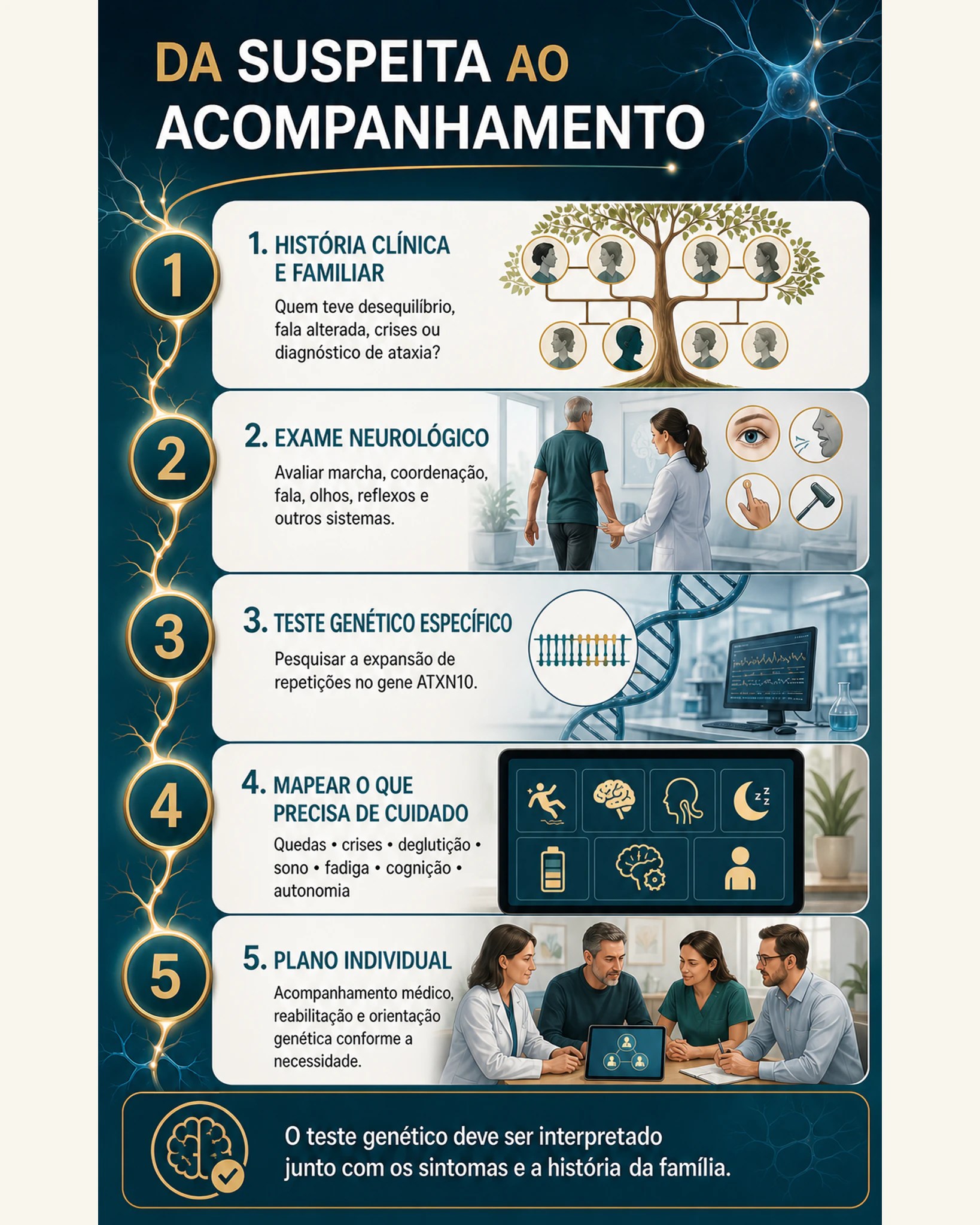 Fluxo visual da investigação e do acompanhamento da SCA10, da história familiar ao plano individual