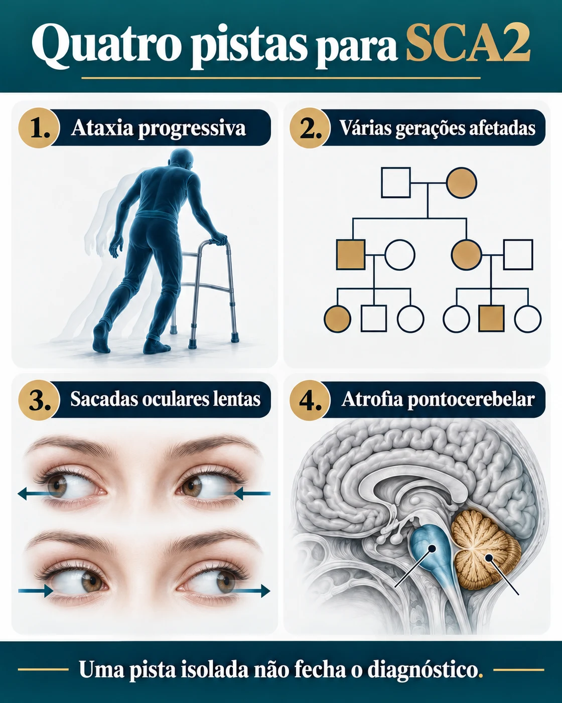 Infográfico com quatro pistas clínicas para suspeita de SCA2: progressão, história familiar, sacadas lentas e atrofia pontocerebelar.