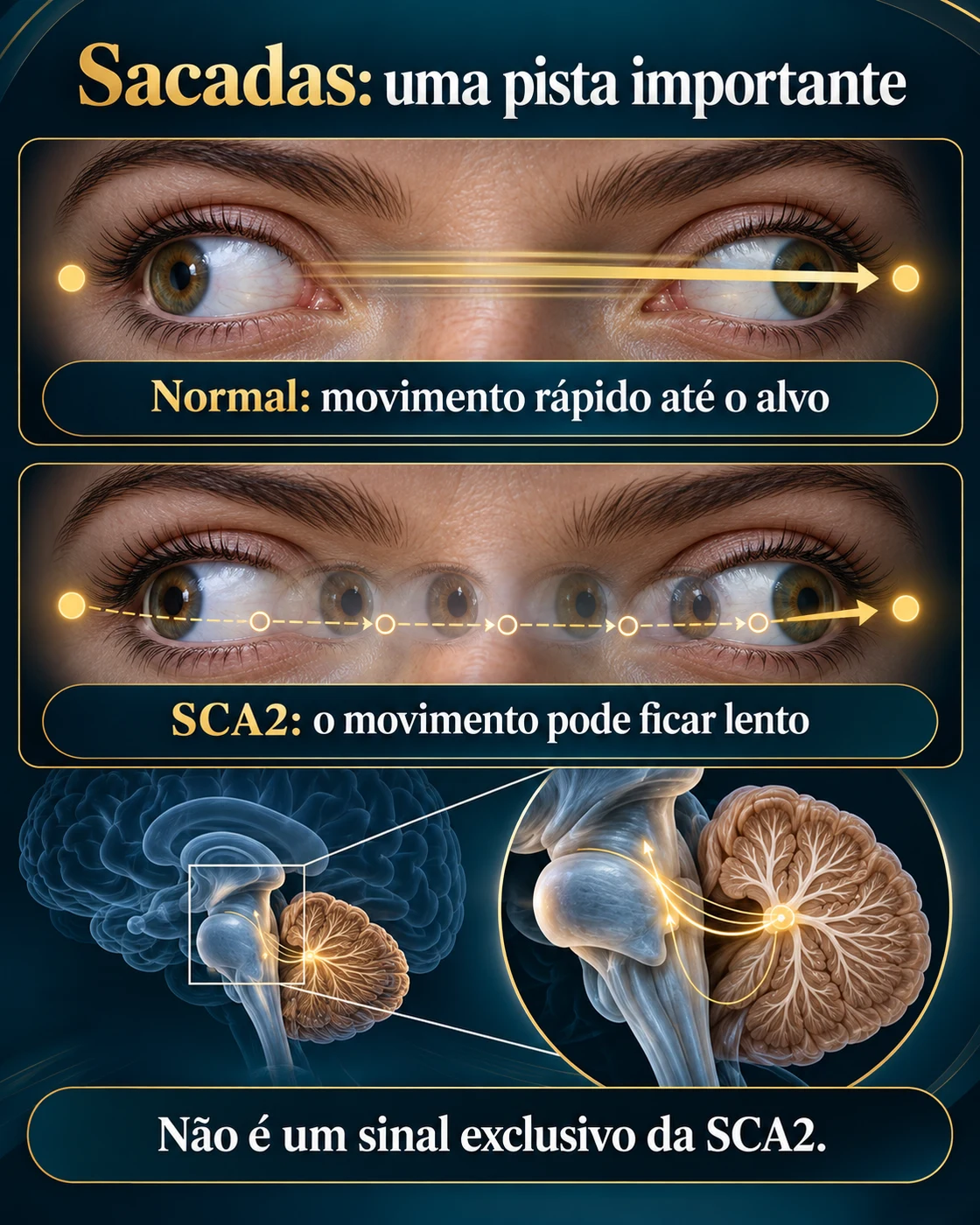 Esquema didático de sacadas oculares normais e lentas na SCA2.