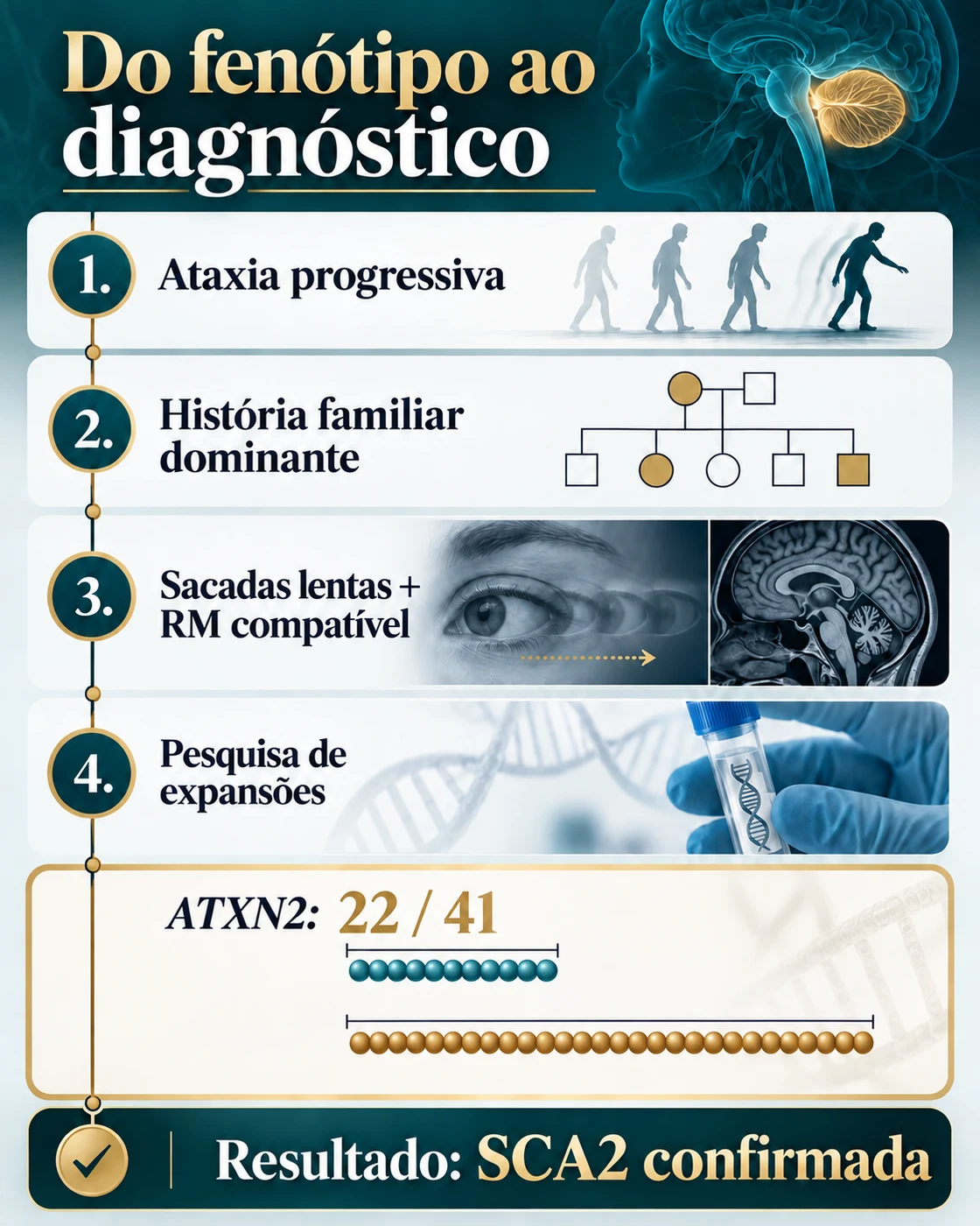 Fluxo diagnóstico mostrando sintomas progressivos, exame neurológico, história familiar, pesquisa de expansão e ATXN2 22/41.