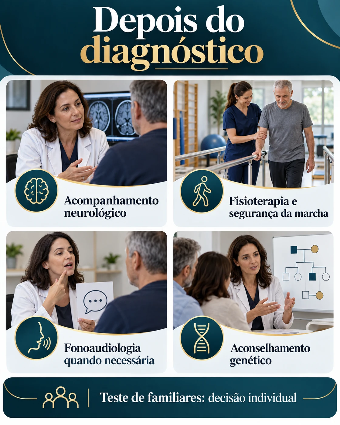 Infográfico com próximos passos após diagnóstico de SCA2: acompanhamento, reabilitação, segurança e aconselhamento genético.