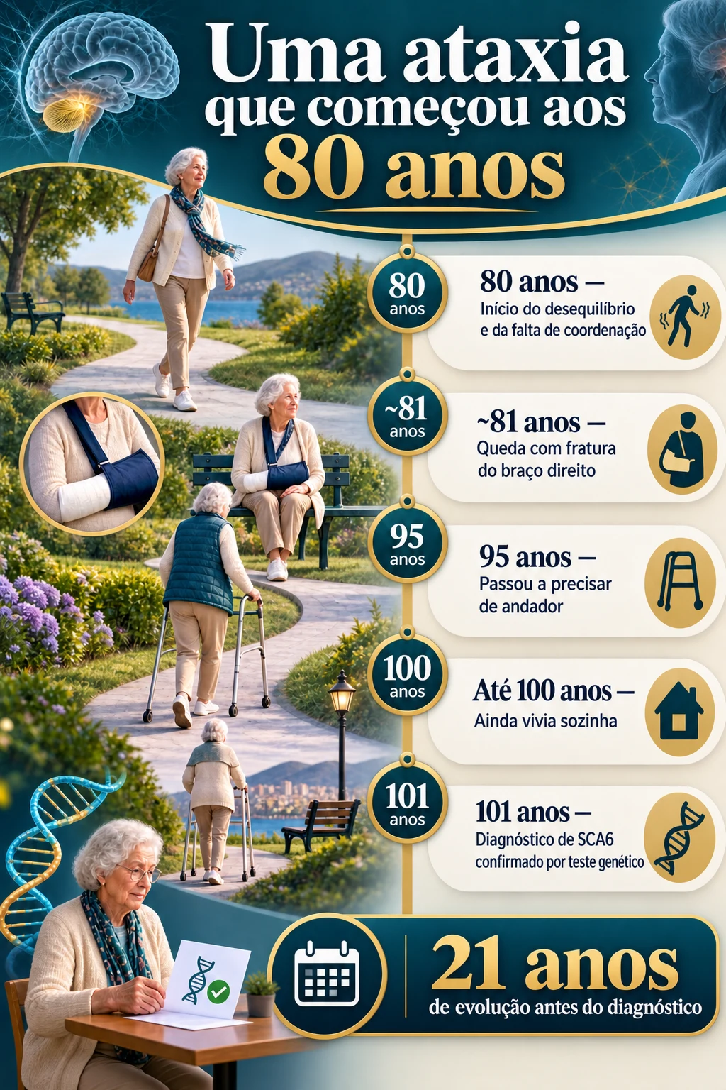 Linha do tempo do caso de SCA6 desde os 80 até os 101 anos