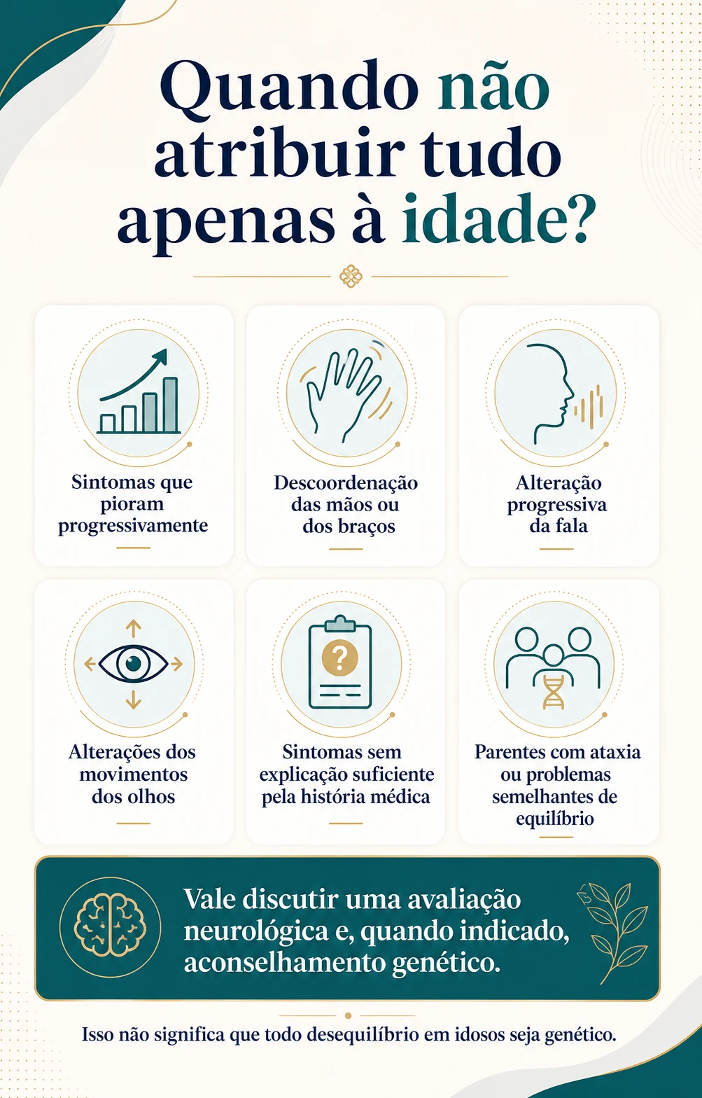 Infográfico mostrando quando um desequilíbrio progressivo no idoso merece investigação neurológica