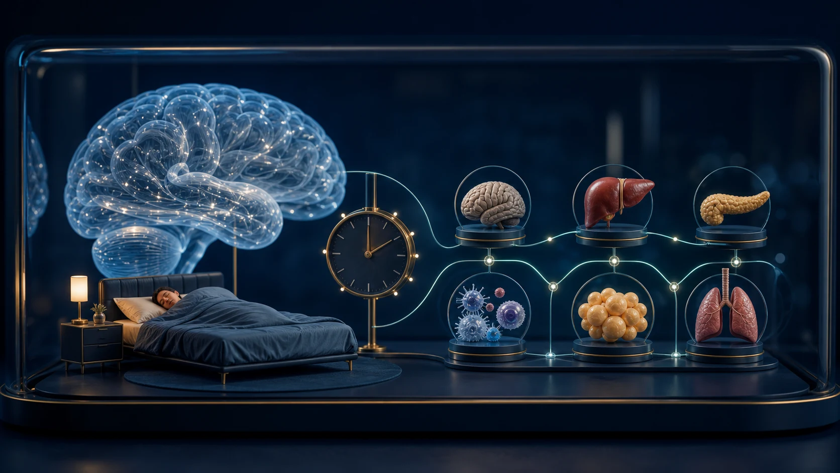 Diorama médico mostrando sono, cérebro e envelhecimento biológico