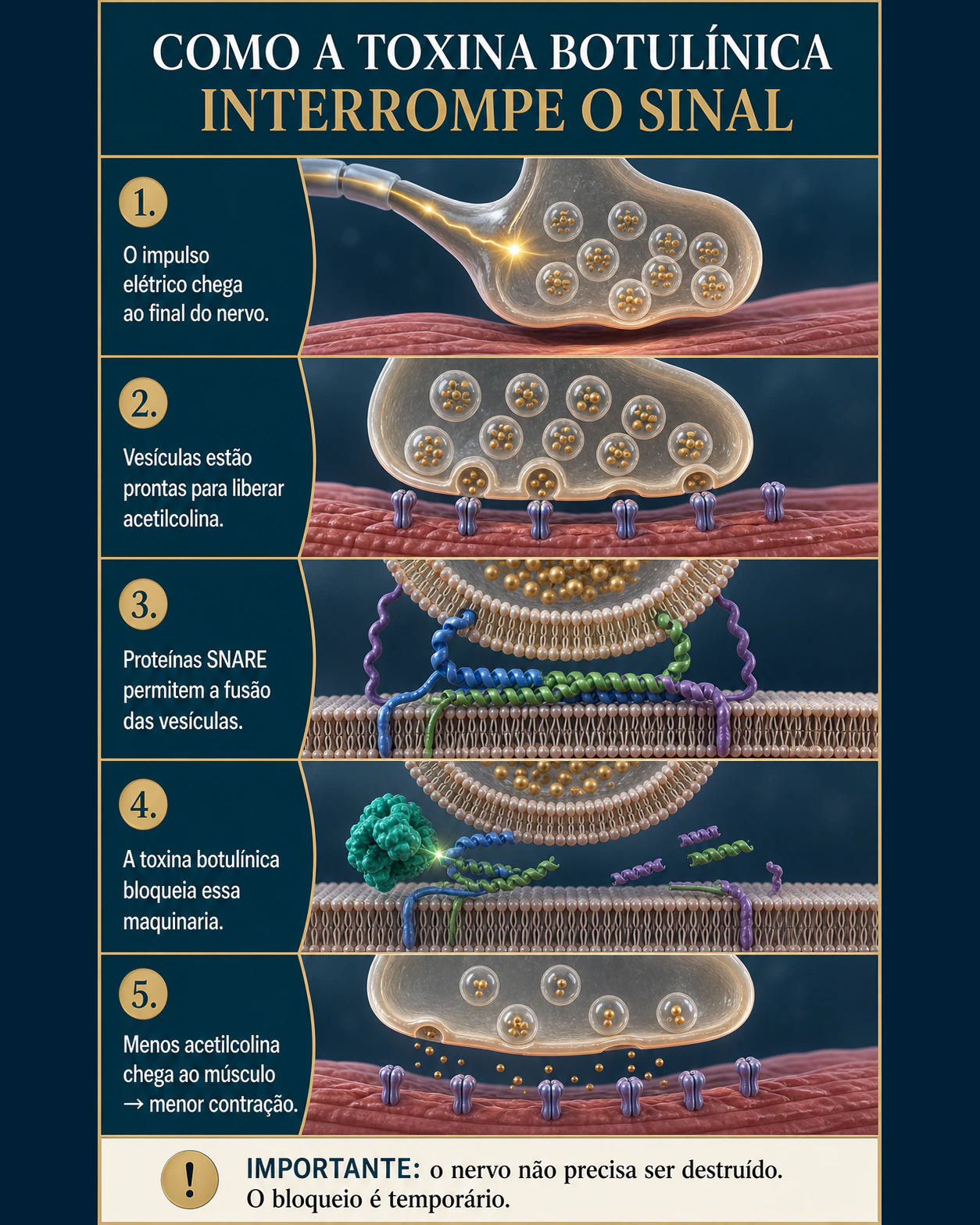 Infográfico explicando como a toxina botulínica bloqueia a liberação de acetilcolina