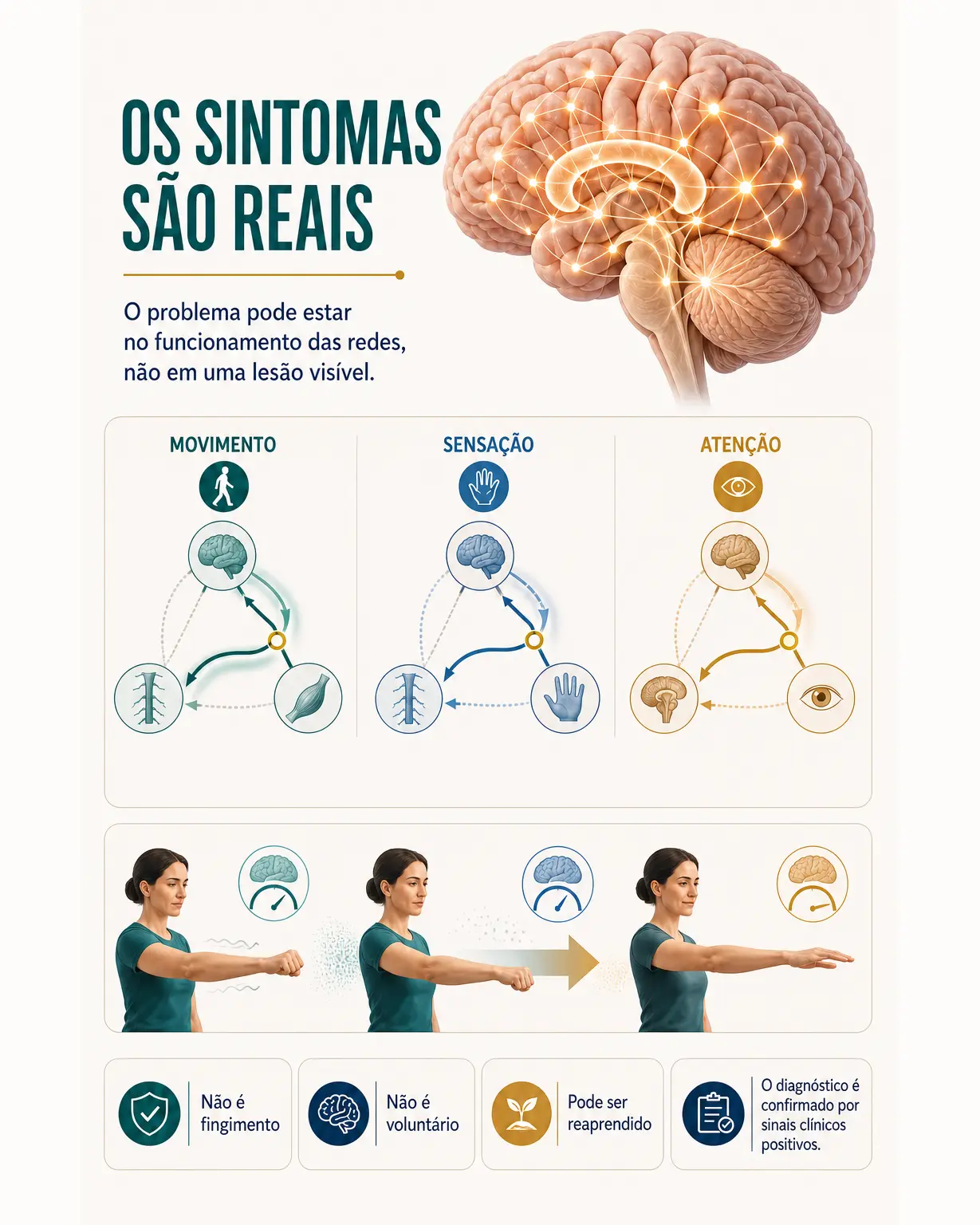 Infográfico mostrando que os sintomas do transtorno neurológico funcional são reais e podem resultar de alterações reversíveis no funcionamento das redes cerebrais