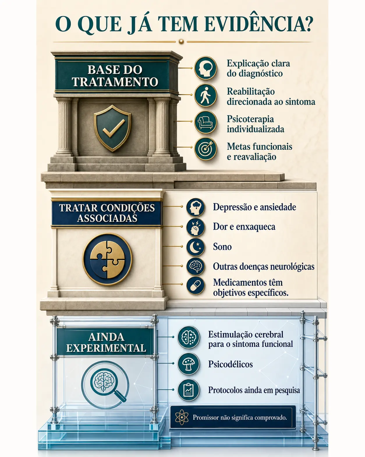 Infográfico organizando tratamentos com evidência estabelecida, cuidados para condições associadas e terapias ainda experimentais