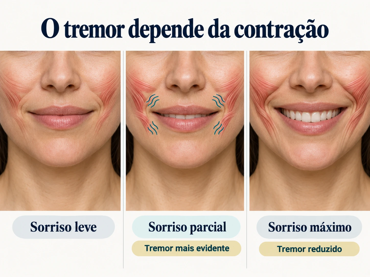 Esquema comparando sorriso leve, parcial e máximo, com tremor destacado apenas na contração intermediária