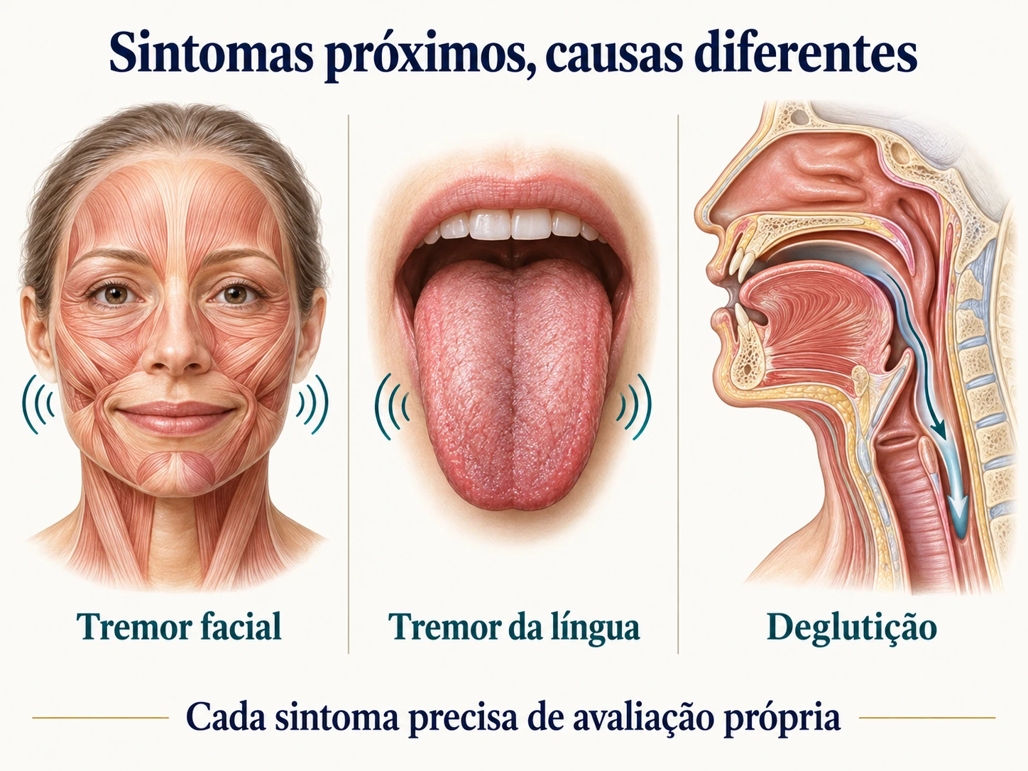 Ilustração diferenciando o tremor facial durante o sorriso do movimento da língua na protrusão e da avaliação da deglutição