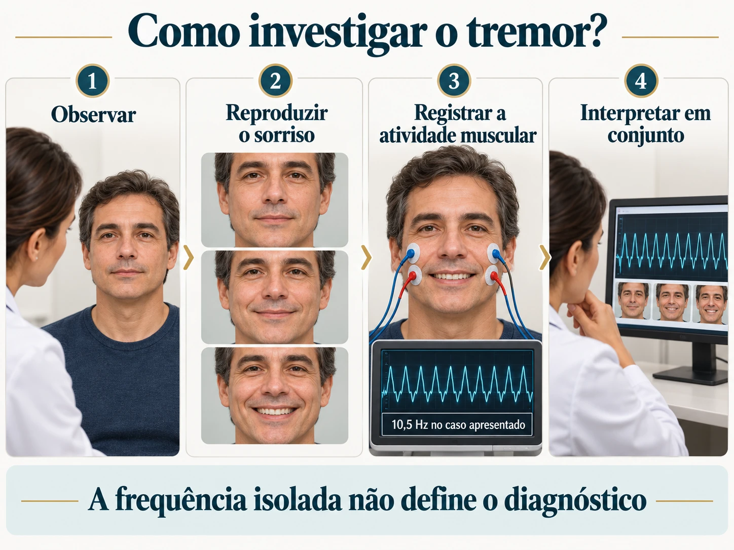 Fluxo diagnóstico com observação clínica, reprodução do sorriso, registro eletromiográfico e interpretação conjunta