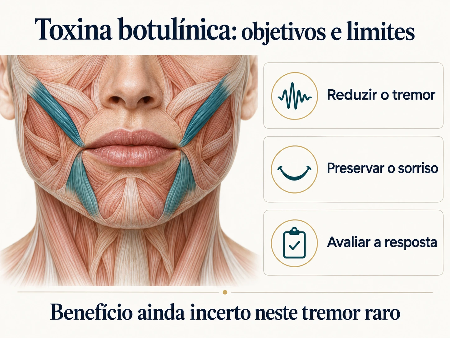 Infográfico sobre objetivos e limites da toxina botulínica focal: reduzir o tremor e preservar a função do sorriso