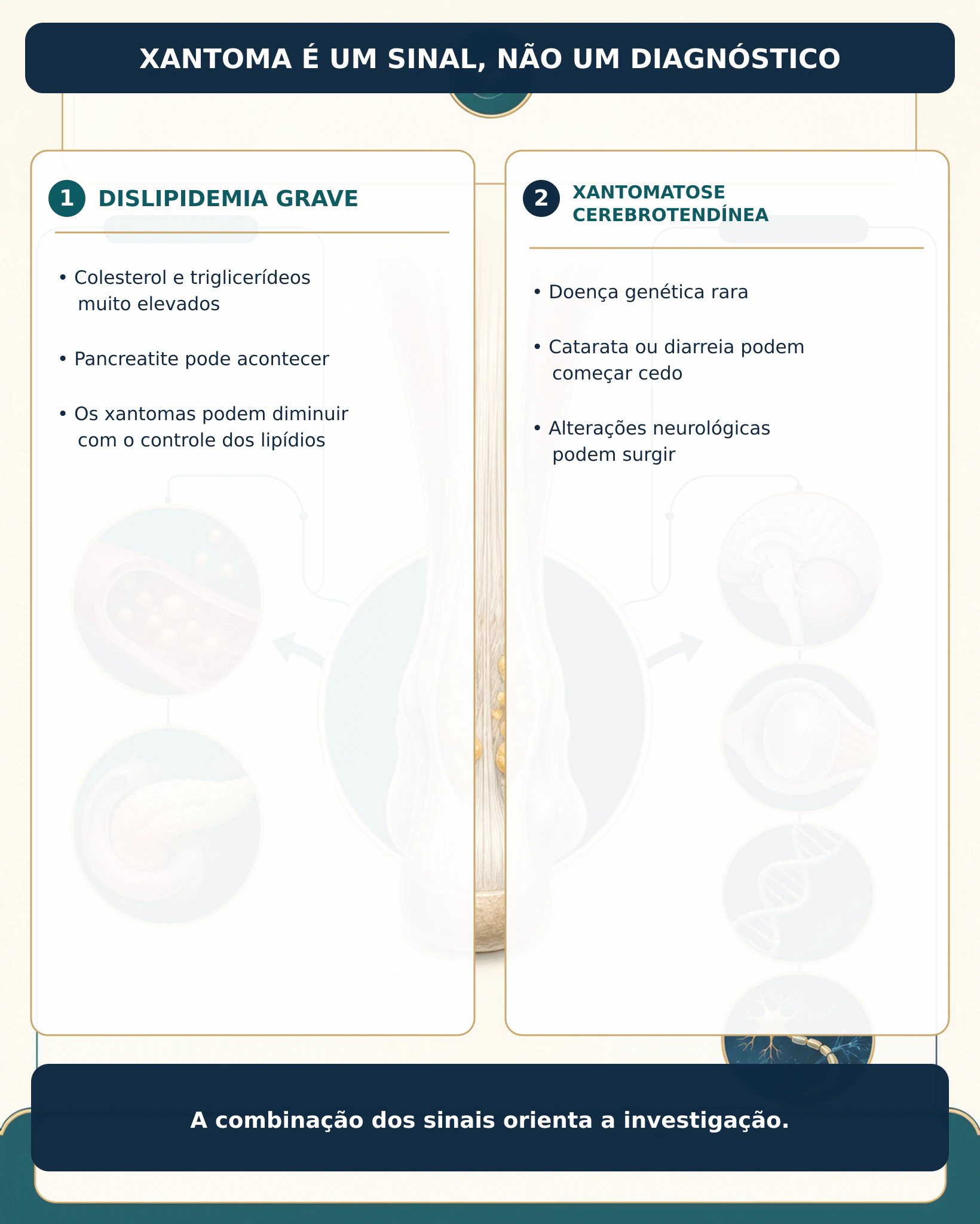 Infográfico explicando que xantoma é um sinal e comparando dislipidemia grave com xantomatose cerebrotendínea